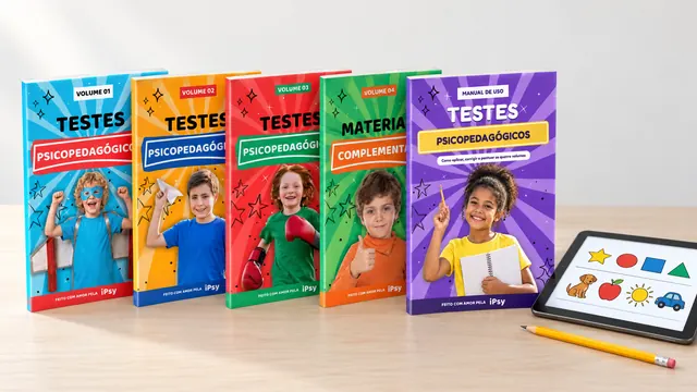 Os cinco livros da 2ª Edição do Combo de Testes — quatro volumes e o Manual de Uso — ao lado de um tablet com uma página de atividade
