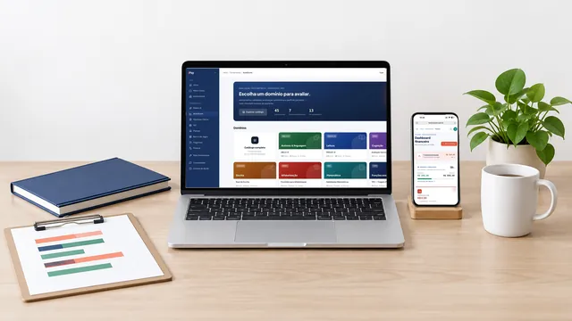 Notebook e celular com telas do iPsy Tools, sobre uma mesa de trabalho