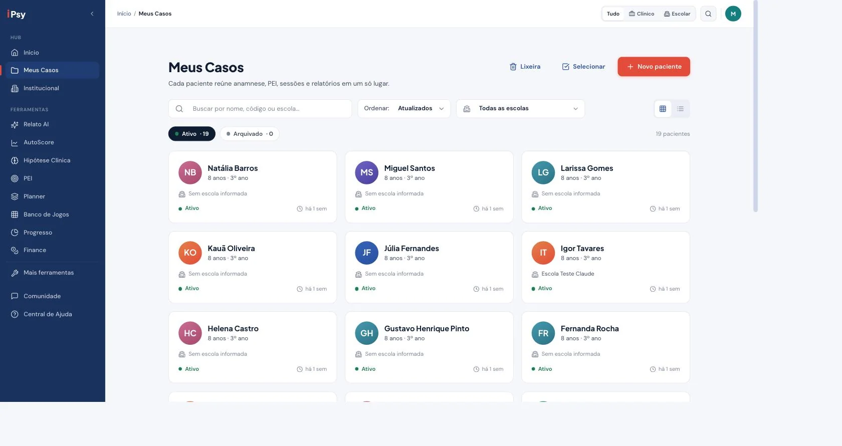 Tela Meus Casos do iPsy Tools com a organização dos acompanhamentos