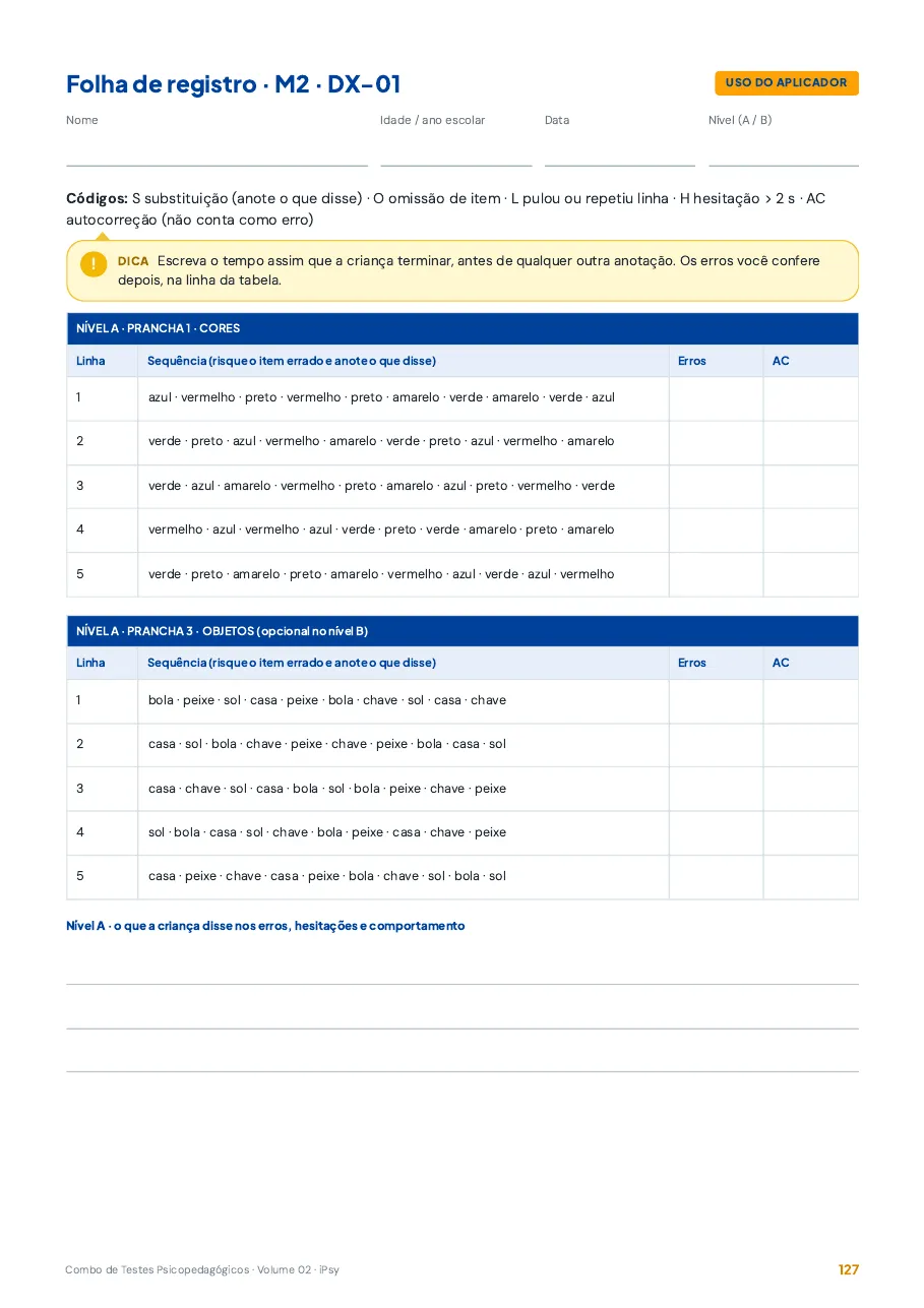 Folha de registro de um instrumento de dislexia do Volume 02