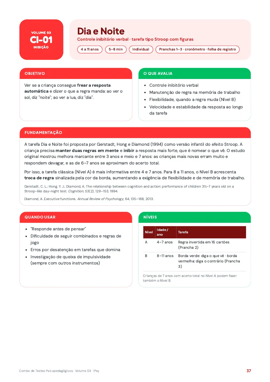 Tarefa dia e noite, de controle inibitório, do Volume 03