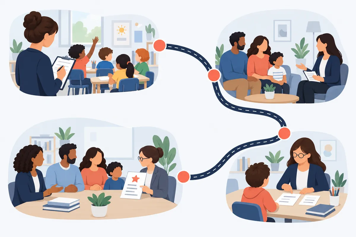 Ilustração de uma trilha com quatro paradas: professora observando a turma, entrevista com a família, avaliação com a psicóloga e reunião de plano.