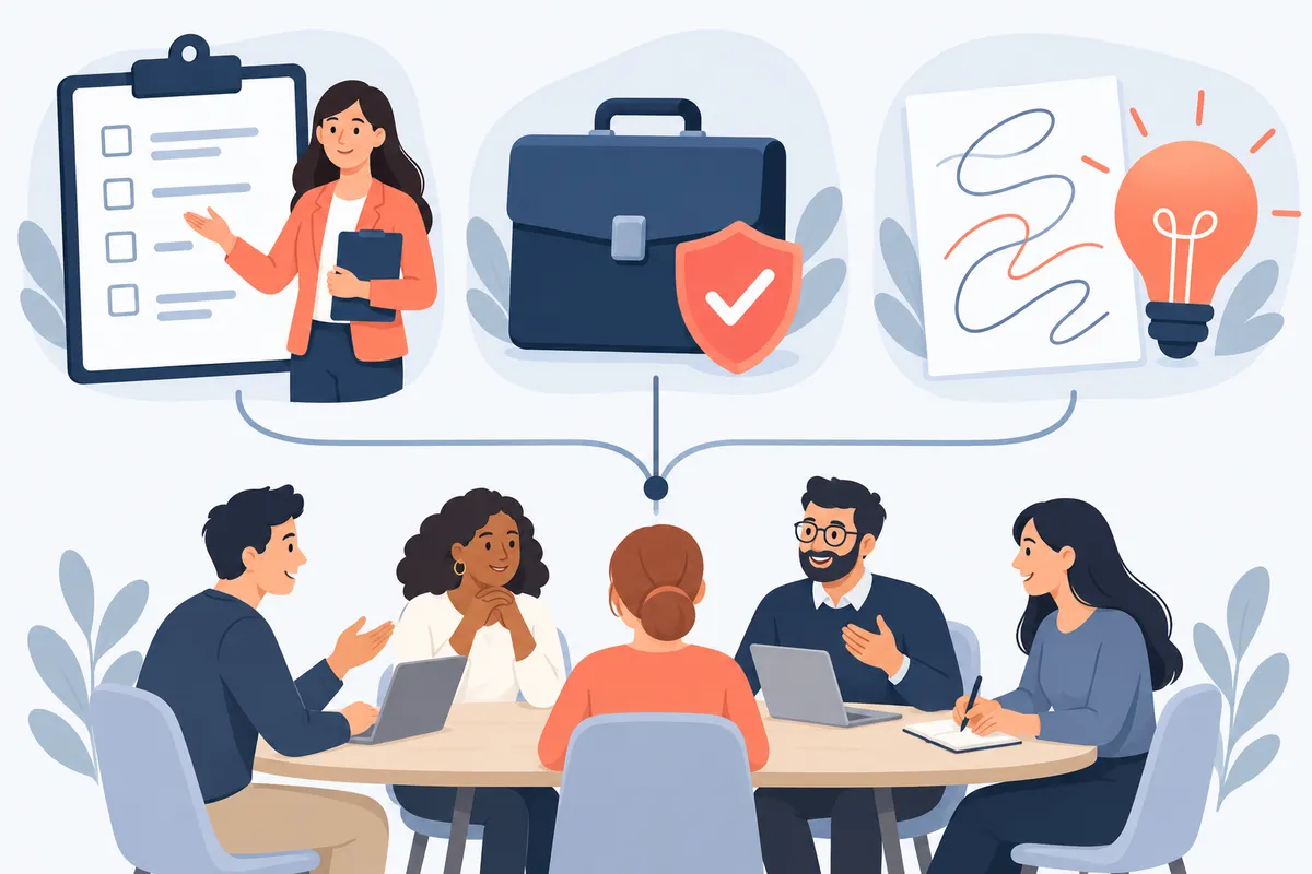 Ilustração em três partes: escala respondida pela professora, maleta de teste com selo de uso privativo e tarefa criativa, ligadas a uma reunião de equipe.