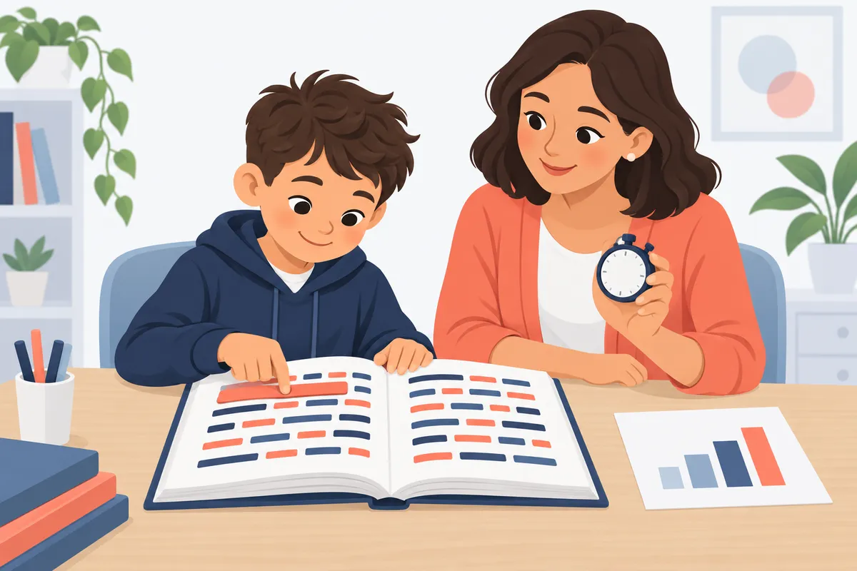 Criança lendo um livro com uma régua-guia sob a linha e as sílabas destacadas em cores alternadas, enquanto a psicopedagoga acompanha com cronômetro e um gráfico que sobe.