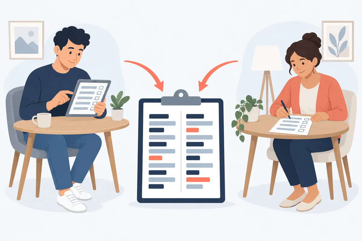 Ilustração com duas cenas: um adulto respondendo sozinho a um questionário e um familiar respondendo a uma folha igual sobre ele, com setas que convergem para uma prancheta de comparação.