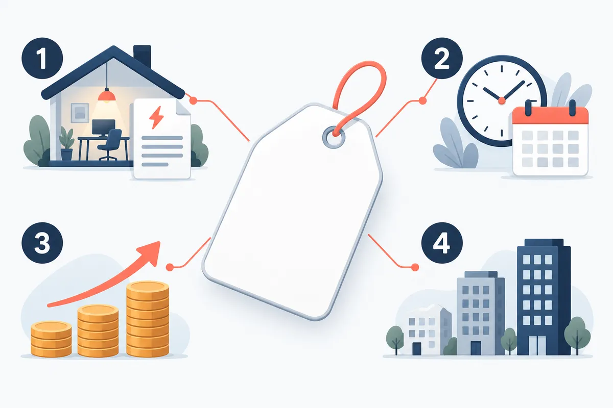 Etiqueta de preço no centro ligada a quatro ícones numerados: casa com conta de luz, relógio com calendário, pilha de moedas com seta para cima e prédios de alturas diferentes.
