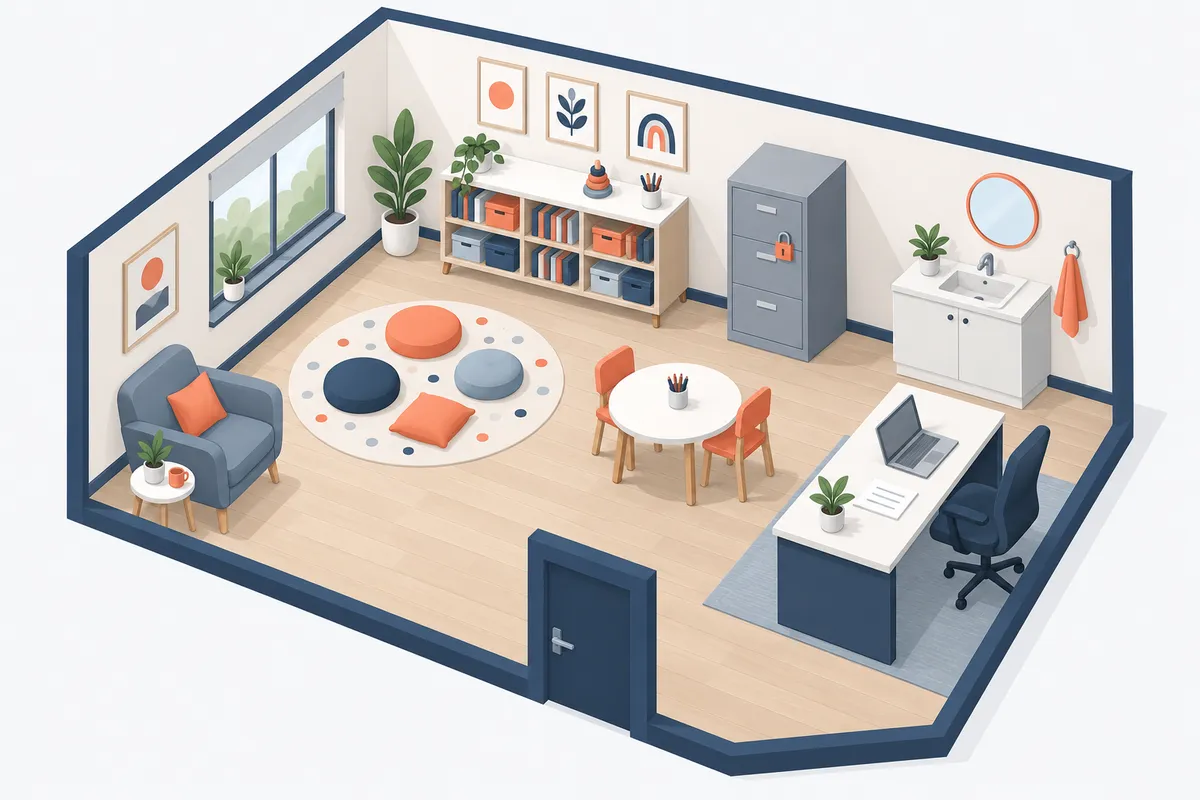 Sala de consultório vista de cima: mesa infantil redonda com duas cadeiras, mesa com notebook, tapete com almofadas, estante de jogos, arquivo com cadeado, pia e poltrona para os pais.