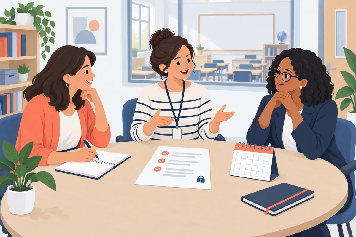 Ilustração de uma reunião na escola: psicopedagoga, professora e coordenadora numa mesa redonda com uma lista de recomendações, um calendário e um pequeno cadeado indicando sigilo.