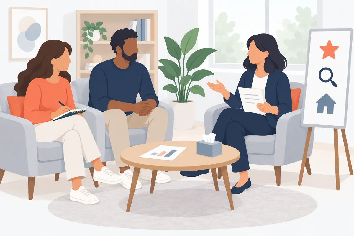 Ilustração de uma devolutiva acolhedora no consultório: mãe e pai em poltronas, a psicopedagoga com o relatório e um quadro com estrela, lupa e casinha para forças, achados e orientações.