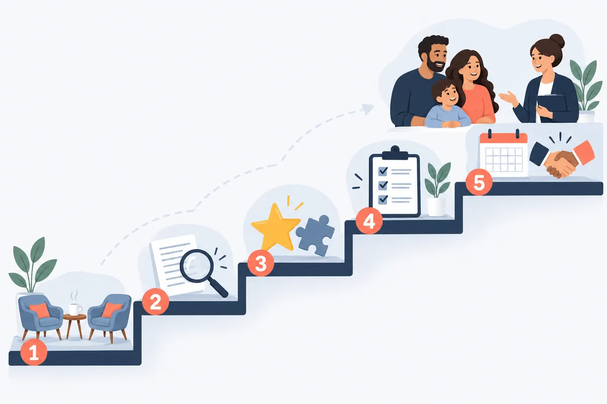 Escada ilustrada com cinco degraus numerados: acolher e combinar, contar o que foi avaliado, forças e dificuldades, recomendações e próximos passos, com a família e a psicopedagoga no topo.