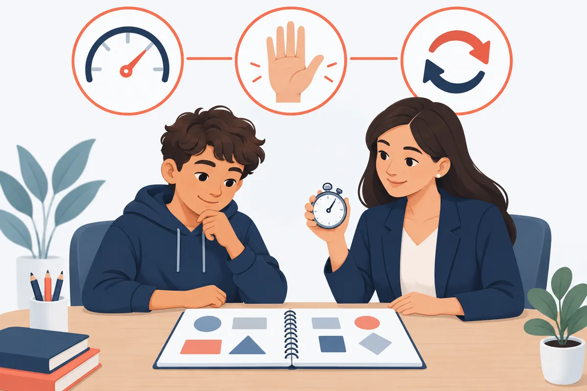 Ilustração do FDT: um adolescente diante de um caderno abstrato, a profissional com cronômetro e ícones de velocidade, inibição e flexibilidade.