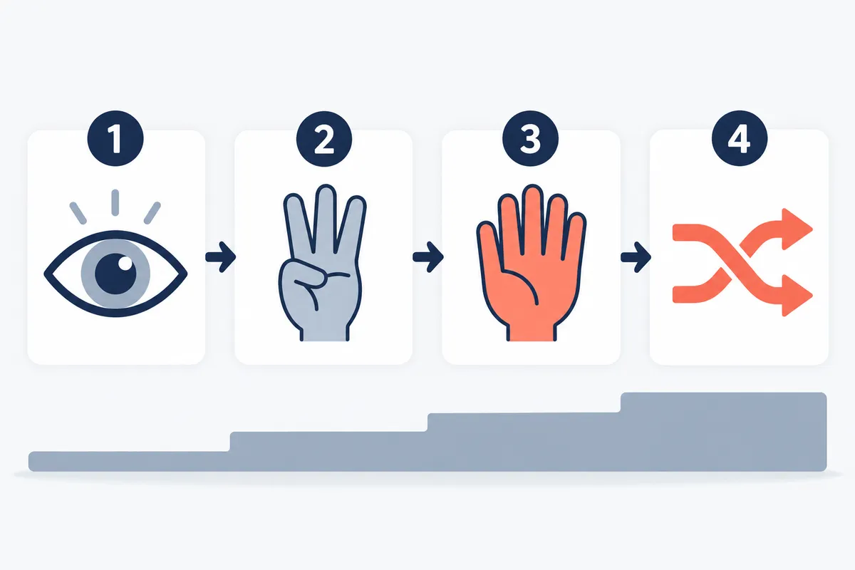 Ilustração com quatro cartões em sequência e dificuldade crescente: ler, contar, escolher e alternar, numerados de 1 a 4.
