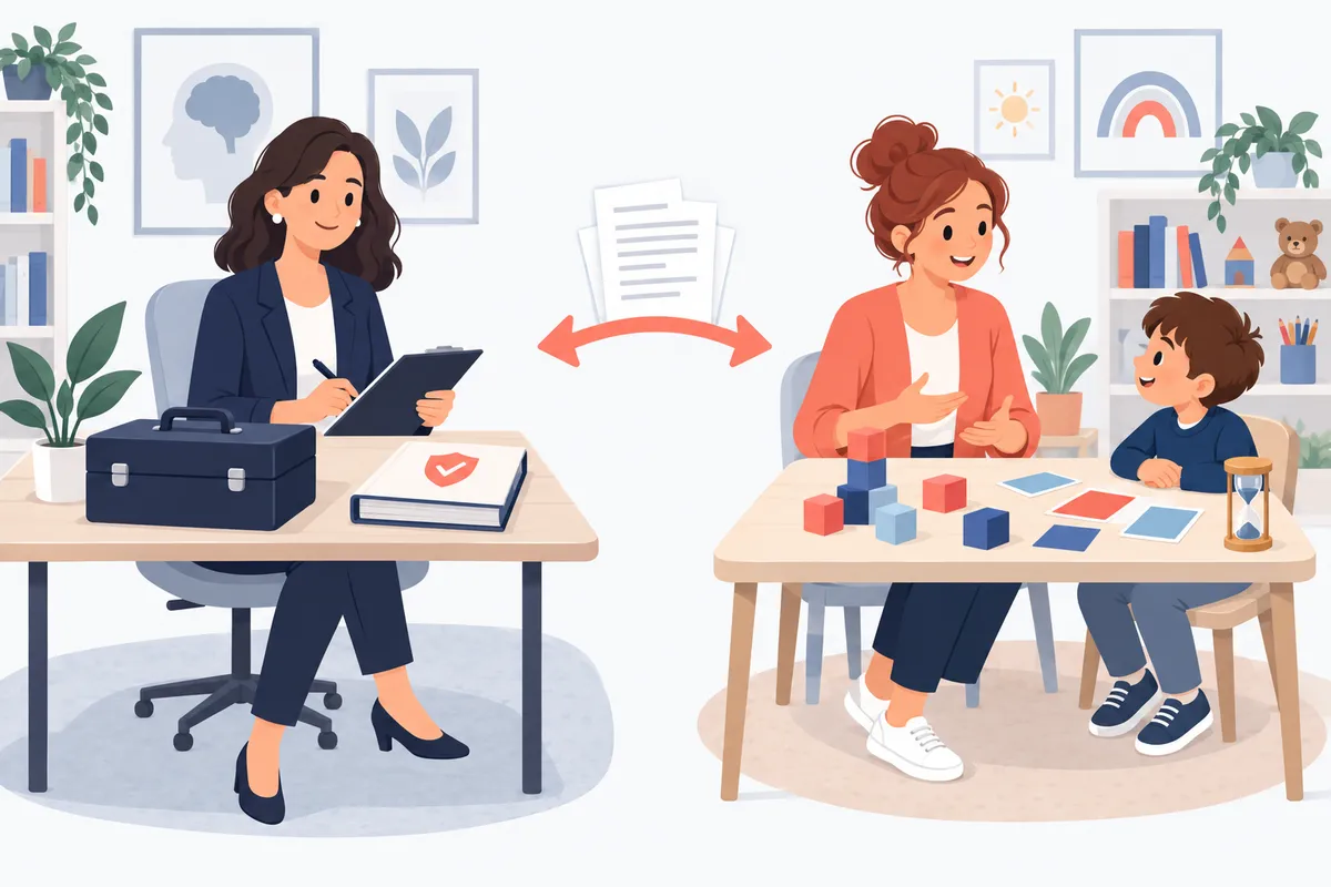 Ilustração em duas metades: a psicóloga com a maleta do teste e um selo de uso privativo; a psicopedagoga com jogos e atividades de atenção, ligadas por uma seta de encaminhamento.
