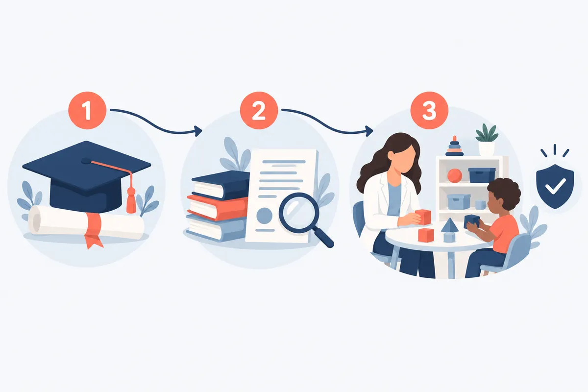 Caminho com três paradas numeradas: capelo de formatura e diploma, pilha de livros com certificado e lupa, e uma profissional atendendo uma criança, com um escudo de ética no fim.