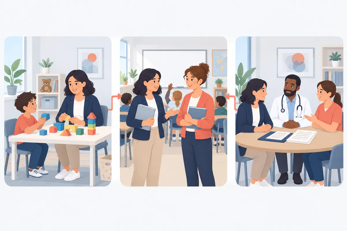 Três cenas ligadas: profissional com criança e blocos num consultório, profissional conversando com uma professora numa sala de aula e reunião com médico e fonoaudióloga numa mesa.