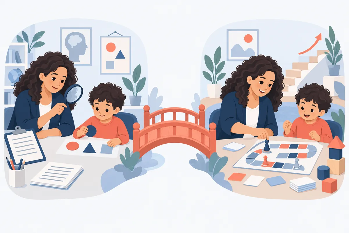 Ilustração em duas cenas unidas por uma ponte: na avaliação a psicopedagoga observa a criança com uma lupa e prancheta; na intervenção as duas jogam juntas um jogo de tabuleiro.