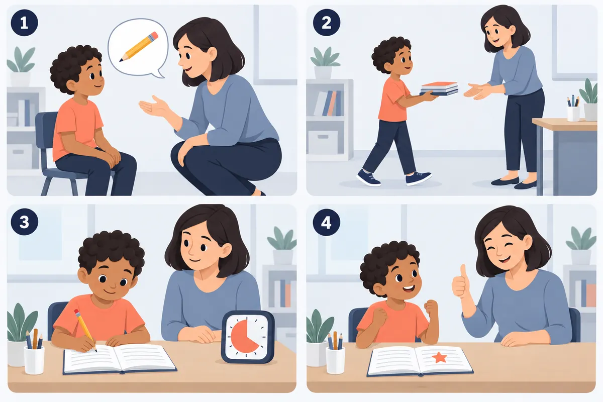 Quatro quadros numerados: professora dá a instrução abaixada à altura do aluno, aluno leva livros como pausa com movimento, faz tarefa curta com timer e recebe estrela e polegar para cima.