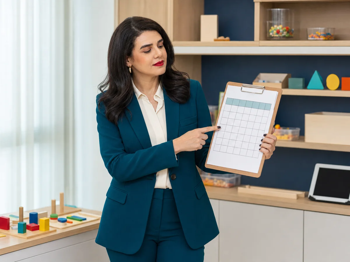 Cida Melo com materiais de avaliação no curso ABLLS-R na Prática da iPsy