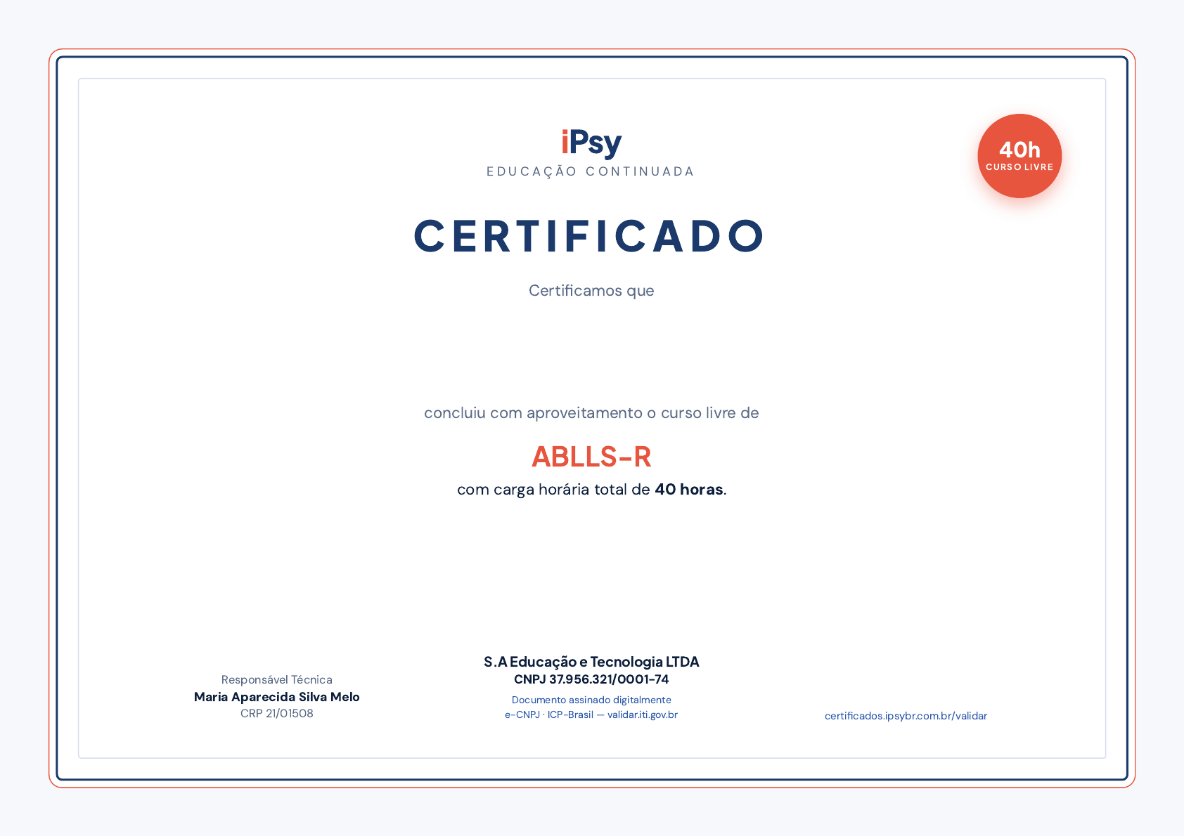 Modelo oficial do certificado de ABLLS-R com carga horária de 40 horas