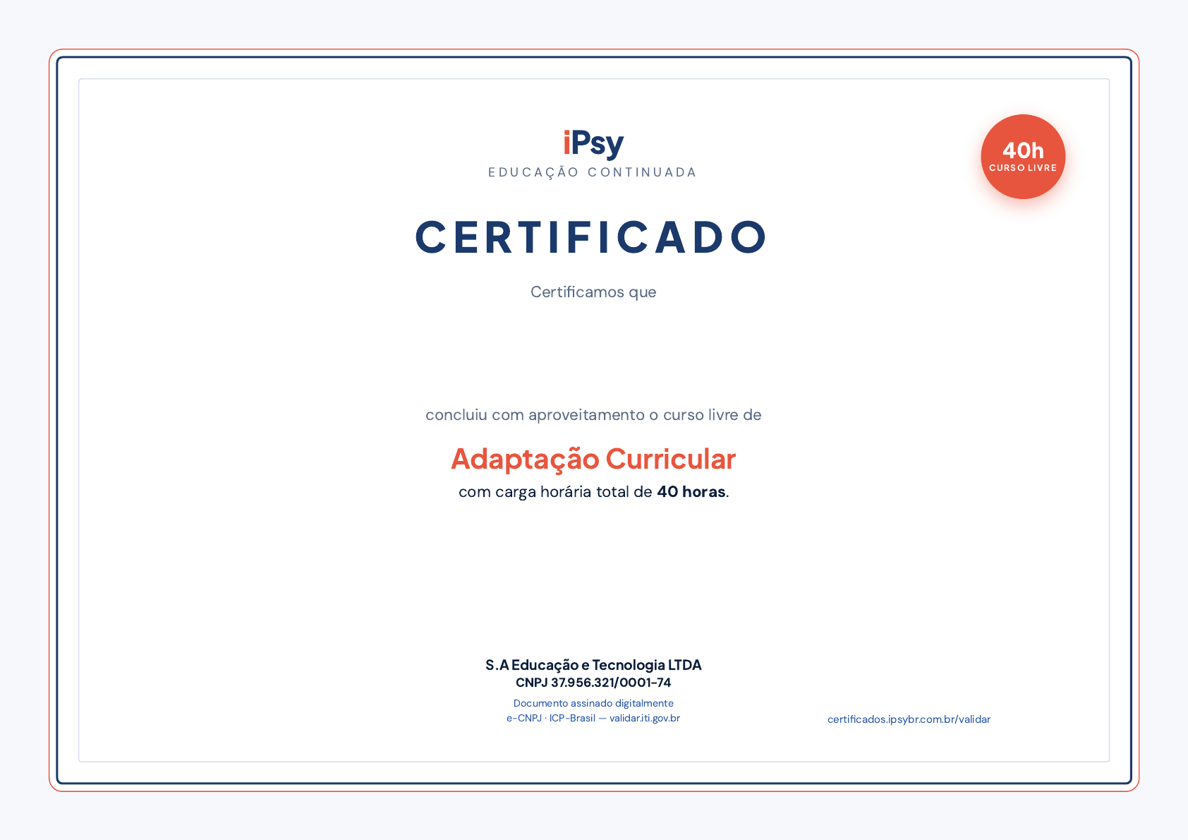 Modelo oficial do certificado de Adaptação Curricular com carga horária de 40 horas