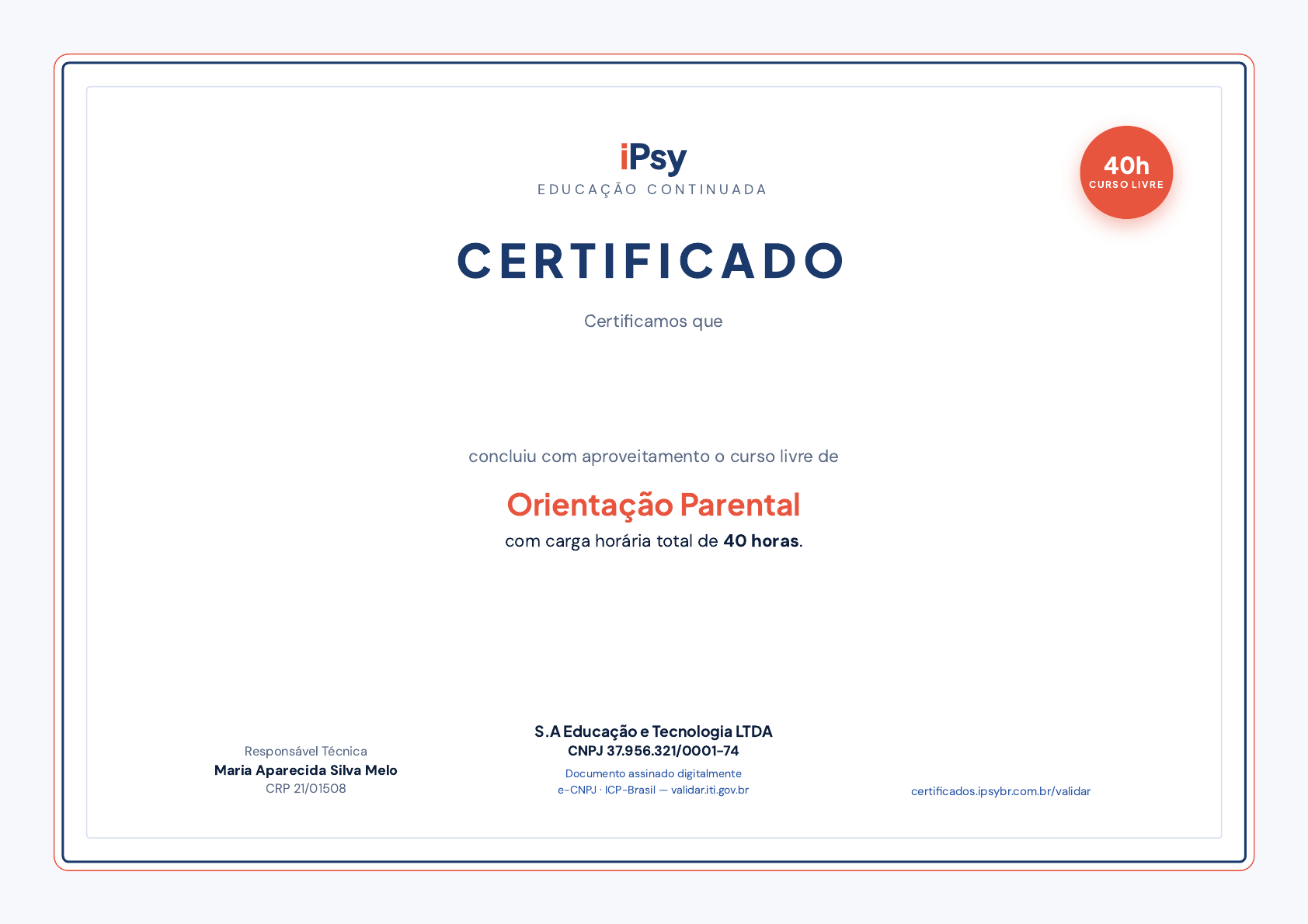 Modelo oficial do certificado de Orientação Parental com carga horária de 40 horas