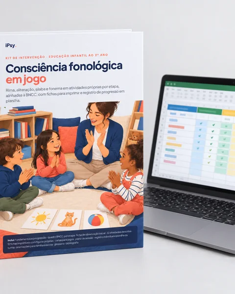 Mockup do Consciência fonológica em jogo como livro impresso e notebook com a planilha