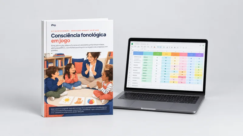 Mockup do Consciência fonológica em jogo como livro impresso e notebook com a planilha