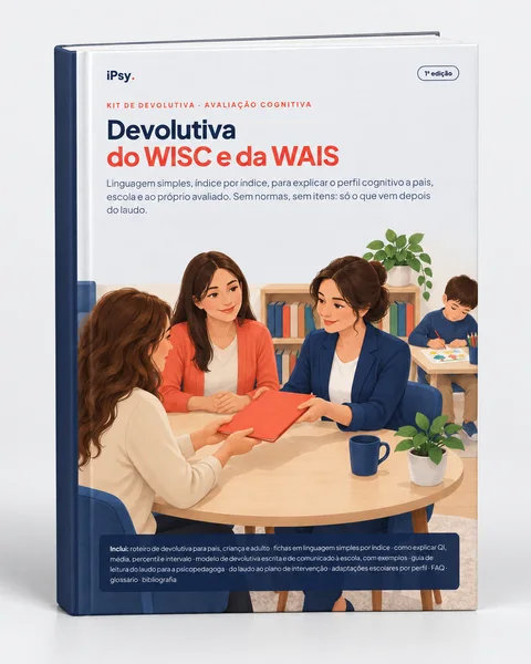 Mockup do Kit de devolutiva de avaliação cognitiva (WISC/WAIS) para pais e escola como livro impresso