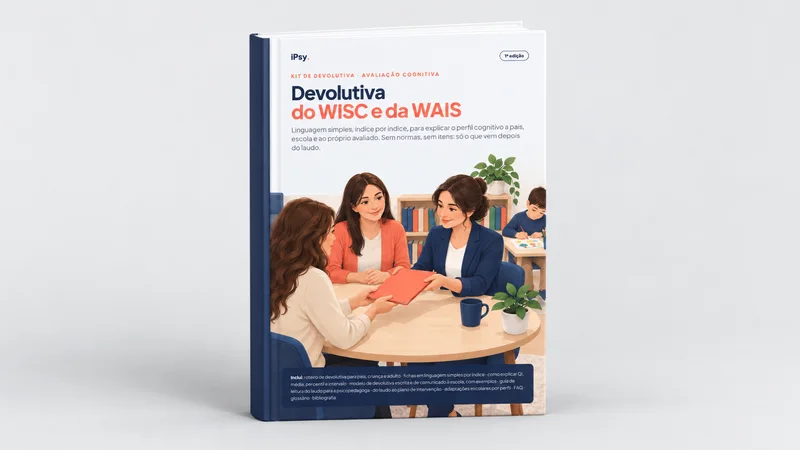 Mockup do Kit de devolutiva de avaliação cognitiva (WISC/WAIS) para pais e escola como livro impresso
