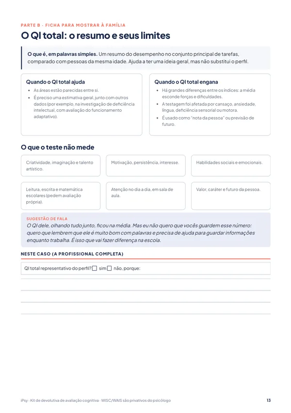 Kit de devolutiva de avaliação cognitiva (WISC/WAIS) para pais e escola: O QI total: o resumo e seus limites