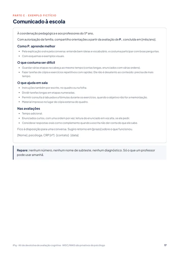 Kit de devolutiva de avaliação cognitiva (WISC/WAIS) para pais e escola: Comunicado à escola