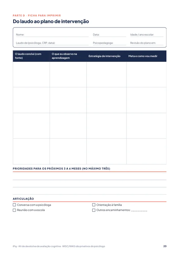 Kit de devolutiva de avaliação cognitiva (WISC/WAIS) para pais e escola: Do laudo ao plano de intervenção