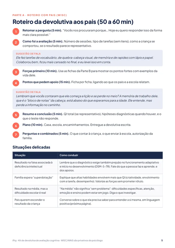 Kit de devolutiva de avaliação cognitiva (WISC/WAIS) para pais e escola: Roteiro da devolutiva aos pais