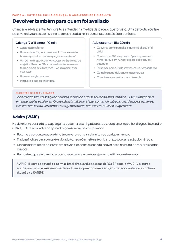 Kit de devolutiva de avaliação cognitiva (WISC/WAIS) para pais e escola: Devolver também para quem foi avaliado
