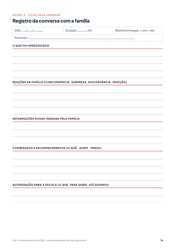 Kit de devolutiva do CBCL: Registro da conversa com a família