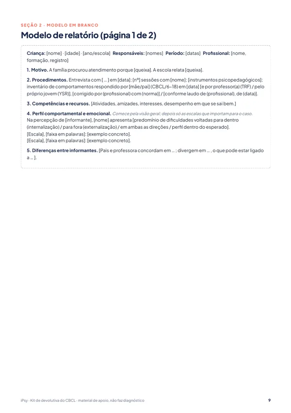 Kit de devolutiva do CBCL: Modelo de relatório