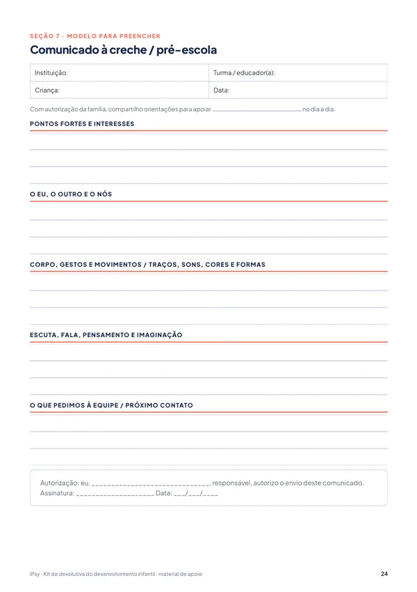 Kit de devolutiva do desenvolvimento infantil (0 a 6 anos): Comunicado à creche / pré-escola
