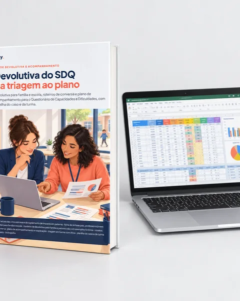Mockup do Kit de devolutiva para o SDQ como livro impresso e notebook com a planilha