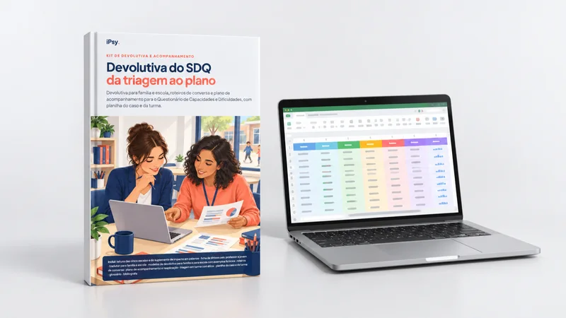 Mockup do Kit de devolutiva para o SDQ como livro impresso e notebook com a planilha
