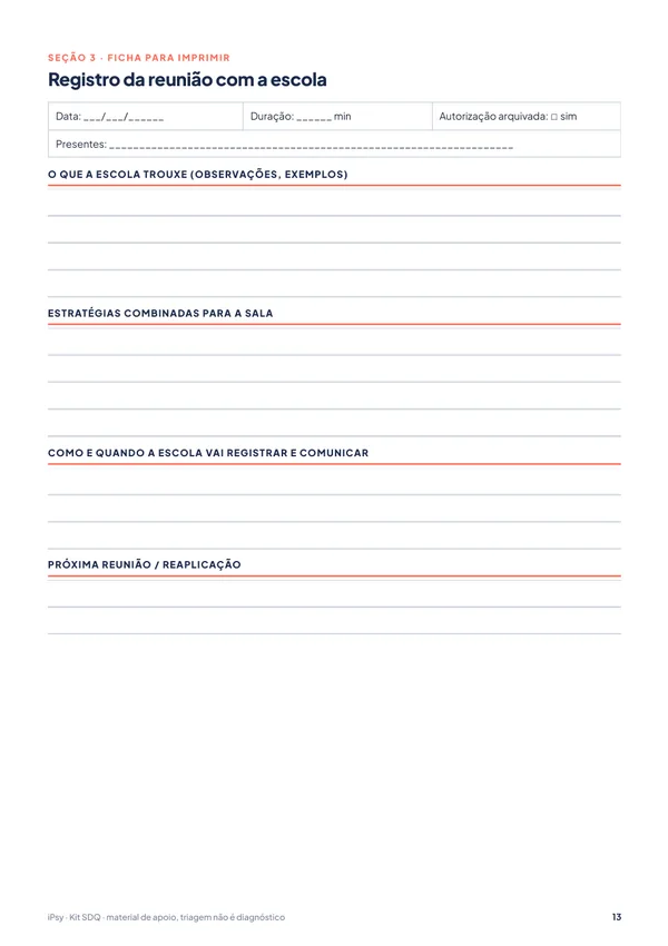 Kit de devolutiva para o SDQ: Registro da reunião com a escola