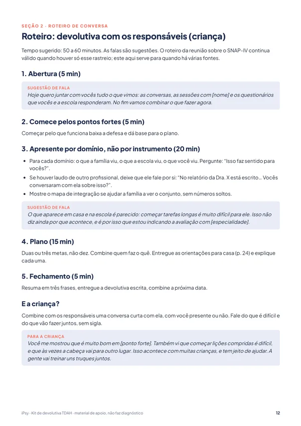 Kit de devolutiva TDAH: criança, adolescente e adulto: Roteiro: devolutiva com os responsáveis