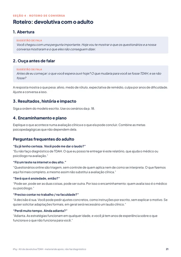 Kit de devolutiva TDAH: criança, adolescente e adulto: Roteiro: devolutiva com o adulto