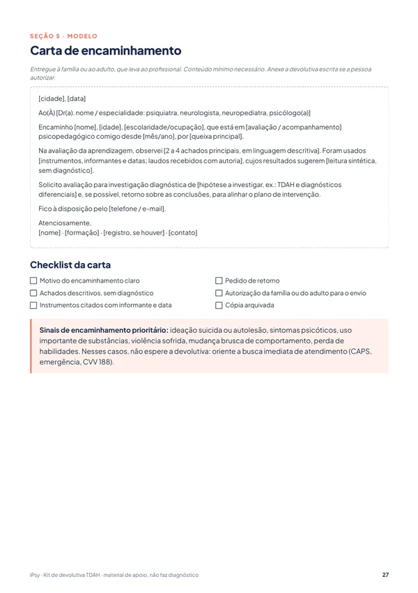 Kit de devolutiva TDAH: criança, adolescente e adulto: Carta de encaminhamento