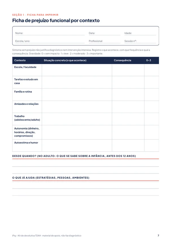 Kit de devolutiva TDAH: criança, adolescente e adulto: Ficha de prejuízo funcional por contexto