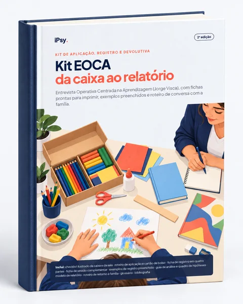 Ilustração de atendimento psicopedagógico: criança desenha à mesa ao lado da caixa da EOCA aberta, com a profissional anotando