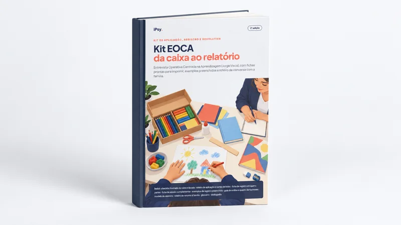 Ilustração de atendimento psicopedagógico: criança desenha à mesa ao lado da caixa da EOCA aberta, com a profissional anotando