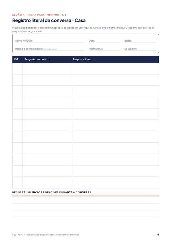 Kit HTP: observar, perguntar, registrar: Registro literal da conversa · Casa