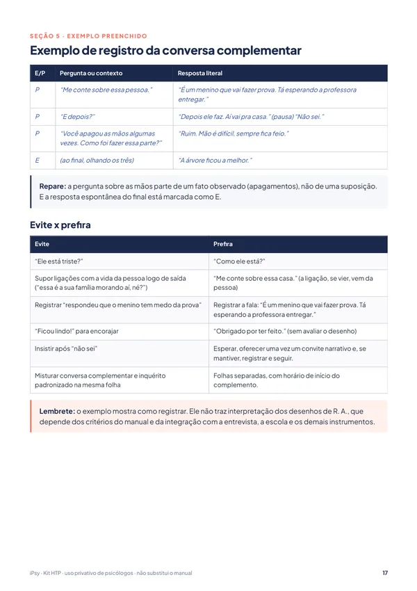 Kit HTP: observar, perguntar, registrar: Exemplo de registro da conversa complementar