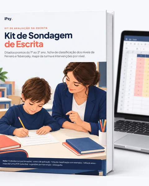 Mockup do Kit de Sondagem de Escrita: livro impresso e notebook com a planilha do mapa da turma