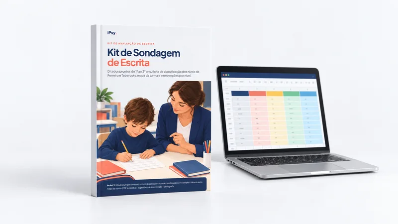 Mockup do Kit de Sondagem de Escrita: livro impresso e notebook com a planilha do mapa da turma
